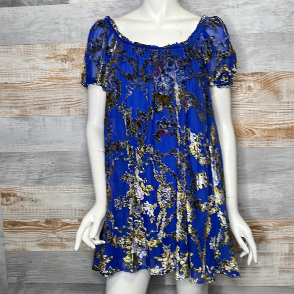 Free People Blooms Blue Floral Velvet Burnout Mini Dress size Small